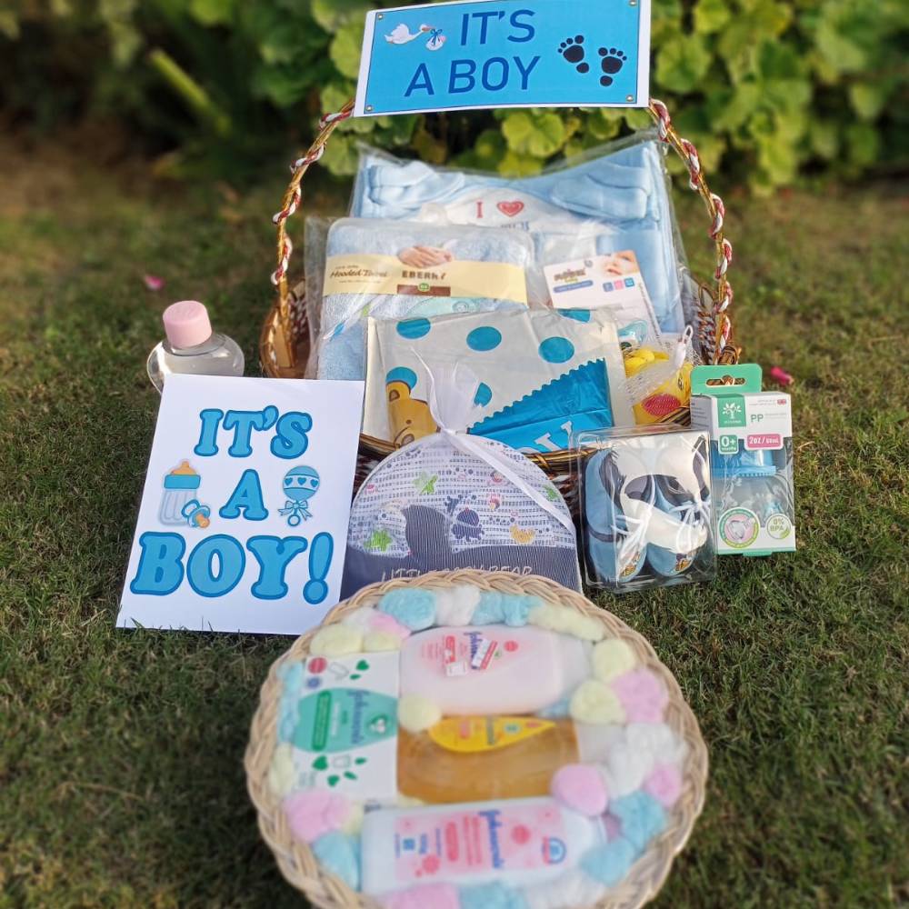 Soft and Sweet Baby Boy Basket - Side View